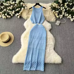 Vestido de praia feminino de tricô de cor sólida, regata, fenda de textura, terno protetor solar, escavar moda praia, encobrir, novo estilo