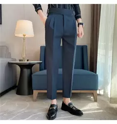 Estilo britânico dos homens de cintura alta vestido casual calça masculina cinto design calças finas formal escritório social vestido de festa de casamento terno calças - loja online