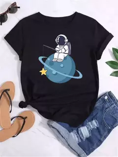 Camiseta feminina casual de manga curta com gola redonda, streetwear feminina, tops vintage, camiseta Maycaur, estampada com planeta lunar, moda camisetas