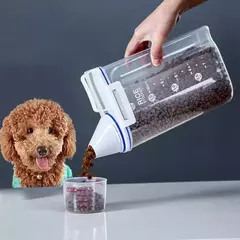Balde de armazenamento de plástico para comida de cachorro e gato, 1.5kg/2kg, com copo de medição, recipiente selado à prova de umidade, acessórios para animais de estimação