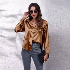 Blusa cetim manga comprida feminina, camisa de seda, tops soltos, streetwear elegante, roupas de primavera e outono na internet