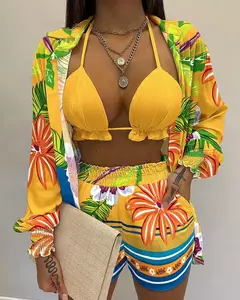 Fato de banho feminino de três peças, moda praia sexy, biquíni de cintura alta, maiô estampado, shorts para cobrir, moda praia de verão, novo 2024 na internet