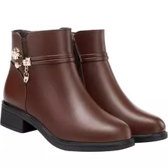 Imagem do Botas de couro de strass para mulheres, sapatos de salto baixo, cabeça redonda,
