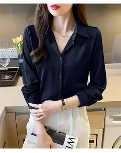 Camisa coreana de manga comprida feminina, top sólido de chiffon, moda feminina, escritório, primavera, verão, C242