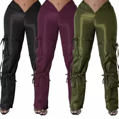 Imagem do Mulheres cintura frontal V calças largas, monocromáticas calças cargo, Ruched calças Traf de grandes dimensões, moda streetwear, Petite Sweatpant, XXL