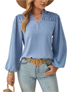 Camiseta feminina plissada de manga comprida com decote em v, blusa elegante, monocromática, feminina, outono - Wolf Magazine