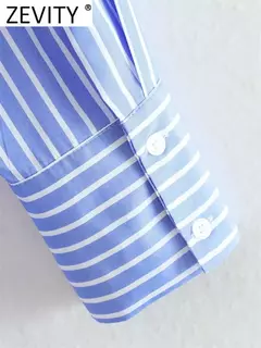 Imagem do Zevity-Camisa Feminina Solta com Estampa Listrada Branca e Azul, Bolso Duplo, Blusa de Blusa Patch, Tops Chiques, Senhora do Escritório, Moda, LS3468