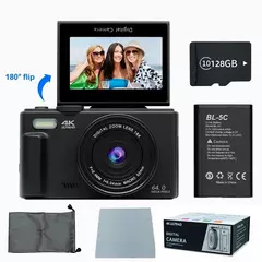 Imagem do Câmera digital 4K para fotografia e câmera com zoom digital 18X Câmera compacta de vlogging de 64 MP 3 '' 180 ° Tela dobrável com flash