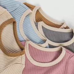 Unisex manga curta cor sólida macacão, roupas de bebê, splicing e cores contrastantes, novo, 0 a 2 anos na internet
