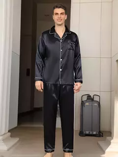 Conjunto de pijama cetim de seda masculino pijama de manga comprida pijama masculino, roupa noturna em casa, espreguiçadeira tamanho grande, camisa de inverno