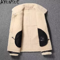 AYUNSUE-Jaqueta bomber de couro genuíno masculina, casacos pretos, roupas grandes, pele de carneiro natural, inverno - comprar online