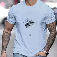 Camiseta casual de manga curta masculina 100% algodão, estampada com bússola de montanha, gola redonda, blusa solta, verão