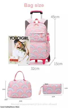 Rolling School Bags for Girls, Mochila impermeável para crianças com rodas, Trolley Luggage Back Pack, Ensino médio - Wolf Magazine