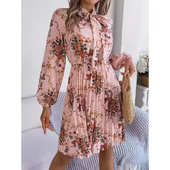 Vestido de Natal para as mulheres, manga longa, solto, elástico, estampa de flores, plissado, gola redonda, mini, novo, outono, 2022