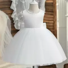 Vestido de tule sem costas para bebé com laço grande e pérolas, 1 ° vestido de aniversário, princesa infantil, vestido baptizado, 1 a 5 anos