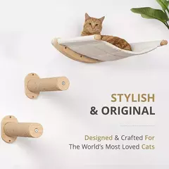 Estrutura de escalada para gatos montada na parede com cama e rede para gatos de madeira natural Centro de atividades para gatos de vários níveis para gatos internos