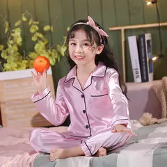 Conjunto de pijamas de cetim de seda infantil pijamas de bebê pijamas pijamas cor sólida, terno infantil, meninos, meninas, outono na internet