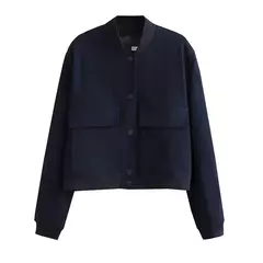 Imagem do Jaqueta Bomber Cropped feminina, Casaco de manga comprida, Beisebol de botões, Casaco Aviador, Preto, Branco, Outono, Inverno