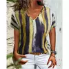 Camiseta feminina listrada colorida impressa em 3D, camiseta de manga curta com decote em v, tops femininos, moda casual, roupas vintage