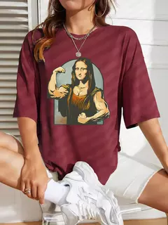 Camiseta de algodão de manga curta feminina, estampa fitness, extragrande, casual, solta, jogando jogadores na Mona Lisa - Wolf Magazine