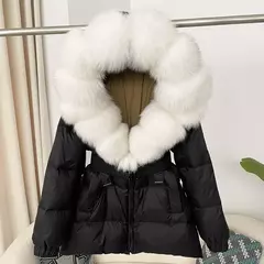 Oftbuy 2024 jaqueta de inverno feminina gola de pele de raposa natural real com capuz grosso quente 90% pato branco para baixo casaco feminino streetwear casual - Wolf Magazine