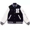 Jaqueta varsity de beisebol letra H para homens e mulheres, casacos grandes, manga de couro azul marinho, rebanho de corações, vintage, folgada