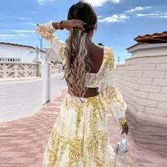 Primavera novo vestido longo moda impressão sexy profundo decote em v vestido de manga comprida feminino elegante oco para fora plissado emendado maxi vestido - comprar online