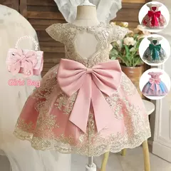 Bordado Elegante Crianças Princesa Vestidos para Meninas Luxo Golden Lace Vintage Crianças Festival Party Gown Bebê Batismo Vestidos - Wolf Magazine