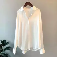 Imagem do Blusa feminina de manga comprida de cetim vintage, camisa sedosa, blusa de escritório de trabalho, camisa casual feminina, outono