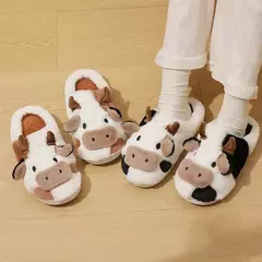 Chinelos de pelúcia quente de vaca unisex dos desenhos animados, Mula interna antiderrapante de casal, Sapatos de algodão, Toe Wrap, Novo, Inverno