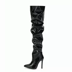 Botas femininas acima do joelho, dedo apontado, zíper lateral, salto alto fino, plissado brilhante, preto, moda feminina, 2024