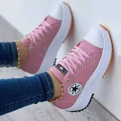 Tênis de lona padrão para mulheres, sapatos casuais, dedo do pé redondo, renda plana, novo, outono, 2024 - comprar online
