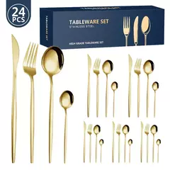 Conjunto de talheres de aço inoxidável, faca e garfo, produto comestível, durável, 4 conjuntos de 6 pessoas, ouro, garfo, colheres, 24 pcs - loja online