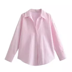 TRAF-Blusa Oxford de Algodão Single-Breasted Feminina, Camisa Manga Longa, Tops Chiques, Lapela, Roupa de Rua, Senhoras, Moda