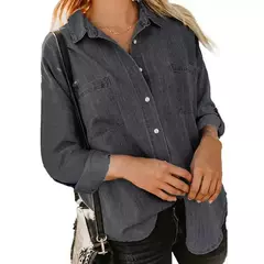 Camisa jeans feminina solta, bolso duplo, manga comprida, jaqueta casual versátil, primavera e outono, nova, 2024 - Wolf Magazine