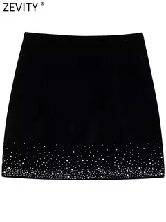 Mini saia de veludo com lantejoulas Zevity feminina, zíper lateral chique feminino, saias lápis, bainha Shinning, nova moda, QUN255