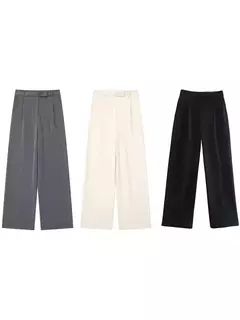 Willshela-Calças direitas femininas com fecho frontal, cintura alta, comprimento total, calças chiques femininas, monocromáticas, moda vintage, senhora