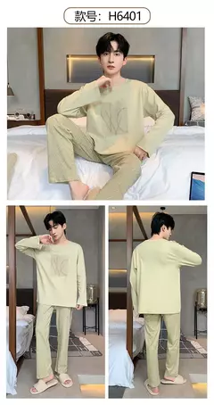 Pijama de algodão de duas peças masculino, calça de manga comprida, traje caseiro, estudante e adolescente, novo outono - loja online
