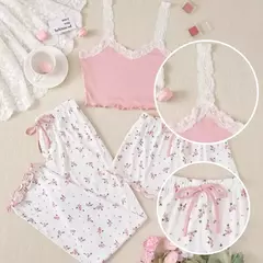 Calções e calças de colete estampado em forma de coração para mulheres, conjunto de pijamas emparelhados, tecido com nervuras para casa, casual, 3 peças na internet