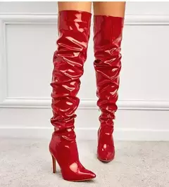 Botas femininas acima do joelho, dedo apontado, zíper lateral, salto alto fino, plissado brilhante, preto, moda feminina, 2024 - loja online