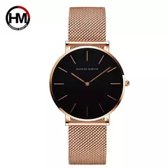 Relógio de mulheres hannah martin japão movimento de quartzo simples à prova d' água ouro rosa malha de aço inoxidável relógio de senhoras relogio feminino