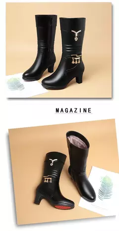 Imagem do Botas médias de lã confortáveis para mulheres, salto grosso, zíper lateral,