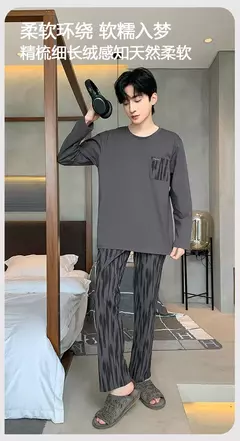 Pijama de algodão de duas peças masculino, calça de manga comprida, traje caseiro, estudante e adolescente, novo outono - comprar online