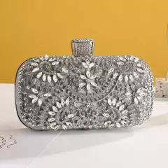 Imagem do Embreagem noite diamante para mulheres, mini bolsa dourada, bolsa de ombro corrente, pequena oca flores de cristal, bolsa para festa de casamento