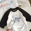 Camisetas de manga comprida de algodão puro para meninos e meninas, camiseta infantil, roupa de bebê, elegante, nova, primavera e outono