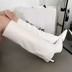 Botas ocidentais plissadas para mulheres, altura do joelho, dedo apontado, saltos femininos, longo, festa, moderno, senhoras, moda