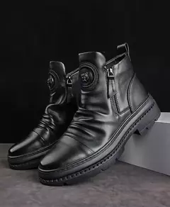 Imagem do Bota de couro de cano alto masculina, sapato redondo com fecho lateral, sapato casual para caminhada, botas masculinas com conforto exterior, estilo britânico, nova, outono