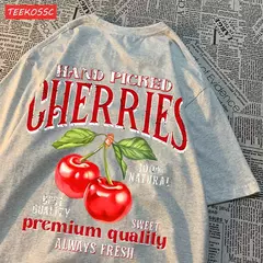 Camisetas femininas de estampa de cereja colhidas a mão, camisetas de algodão, gola redonda grande, manga curta macia, roupas femininas de rua, moda
