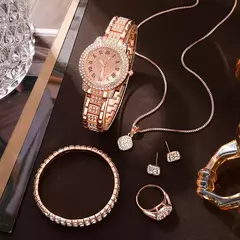 Imagem do Relógio de quartzo de strass de luxo feminino, hiphop moda, conjunto de jóias de pulso analógico, presente para a mãe, 6 peças