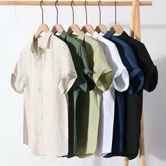 Camisa de linho de algodão manga curta masculina, cor sólida, simples, blusas casuais, tops finos respiráveis básicos, alta qualidade, moda verão - comprar online